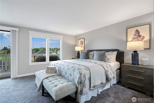 bedroom featuring carpet floors, baseboards, access to exterior, and multiple windows