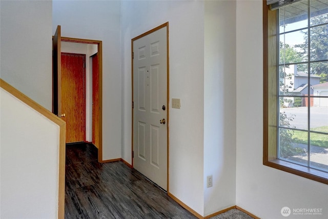 entryway with baseboards and dark wood-style floors