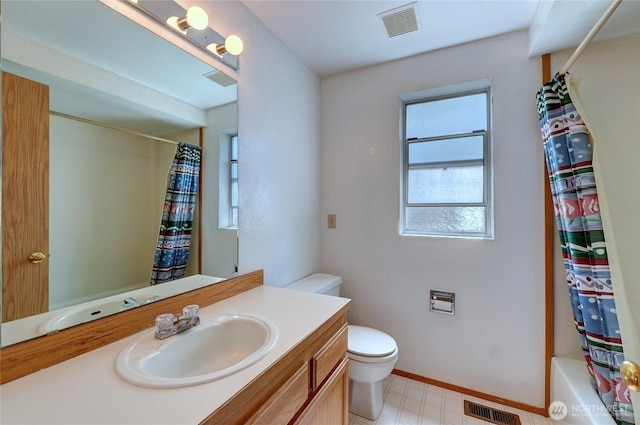 full bath with toilet, baseboards, visible vents, and vanity