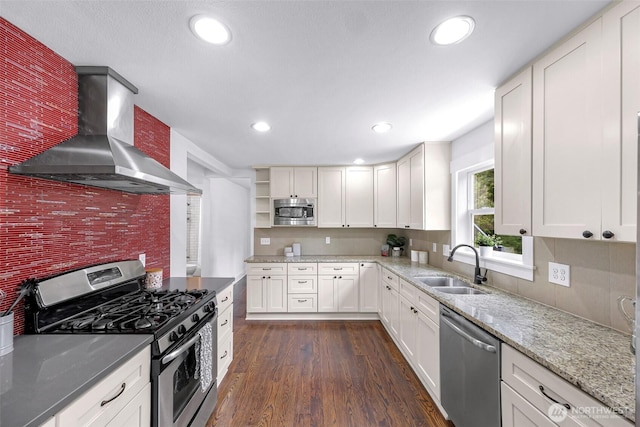 1626 106th Ave SE, Bellevue, WA 98004 - kitchen featuring a sink, open shelves, decorative backsplash, wall chimney range hood, and stainless steel appliances