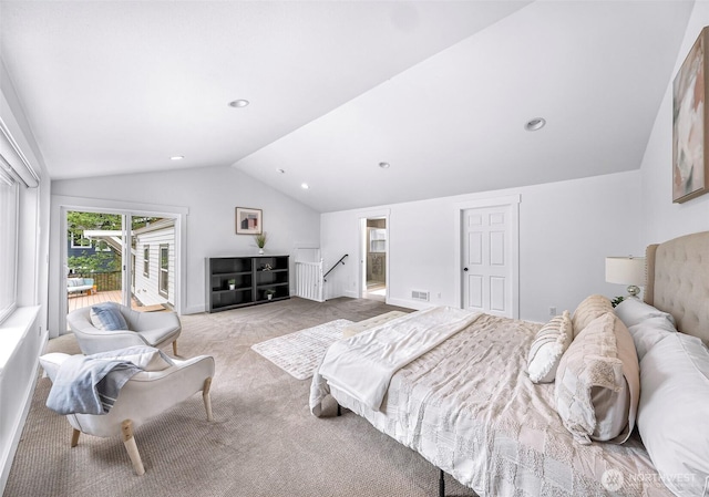 1626 106th Ave SE, Bellevue, WA 98004 - bedroom featuring lofted ceiling, recessed lighting, visible vents, light carpet, and access to exterior