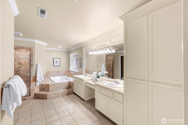 bathroom with crown molding, vanity, tile patterned floors, visible vents, and a bath