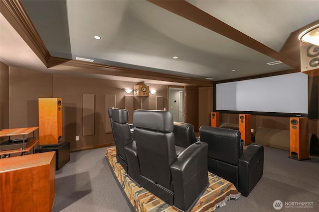 home theater with carpet floors, crown molding, visible vents, recessed lighting, and a raised ceiling