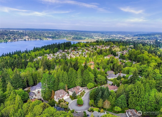 drone / aerial view with a water view and a view of trees