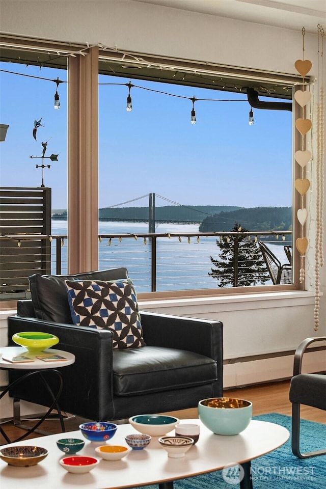 6614 N 49th St, Tacoma, WA 98407 - interior space featuring baseboard heating, a water view, and wood finished floors