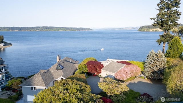 drone / aerial view with a water view