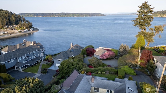 bird's eye view featuring a water view and a residential view