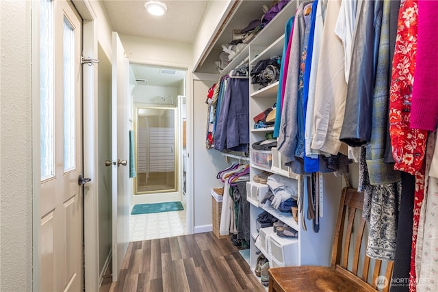 spacious closet featuring dark wood finished floors
