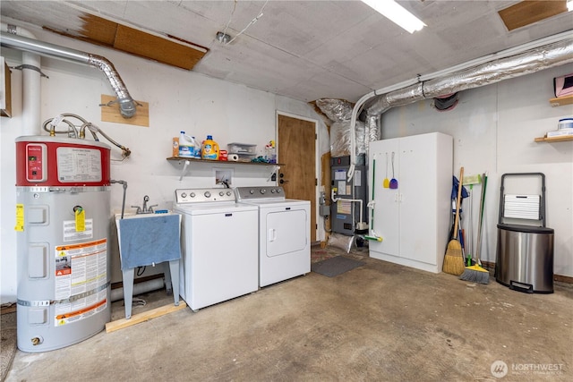 laundry room with heating unit, water heater, laundry area, washing machine and clothes dryer, and a sink