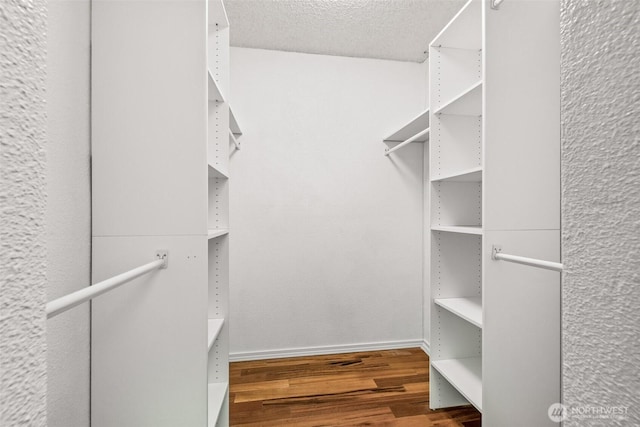walk in closet with wood finished floors