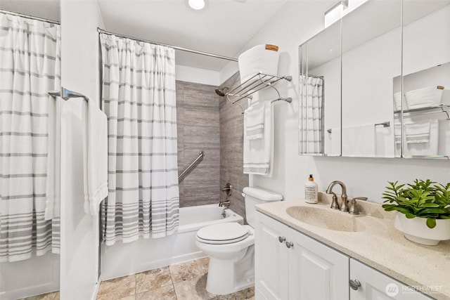 bathroom with vanity, toilet, and shower / bath combination with curtain