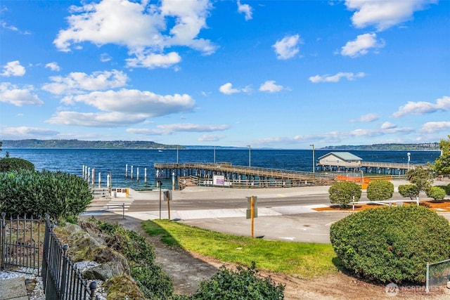 property view of water with a dock