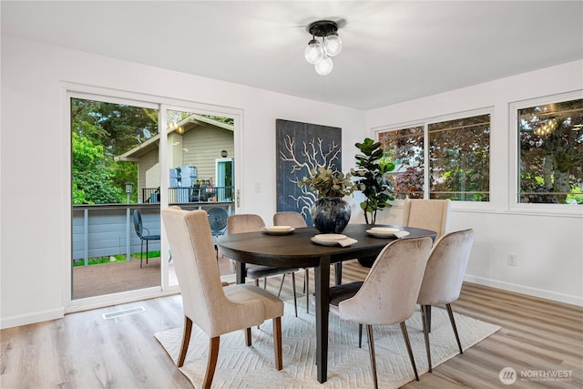 dining room featuring baseboards, light wood-style floors, and visible vents