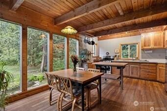 dining area with wood ceiling, wood finished floors, and beamed ceiling