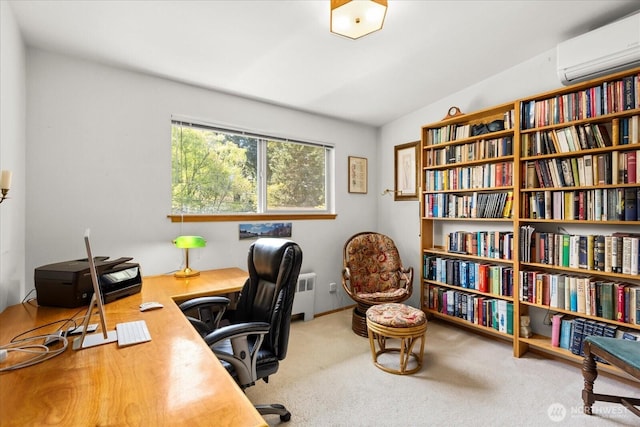 home office featuring carpet floors and a wall unit AC