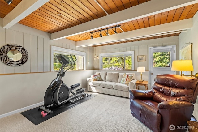 carpeted living room with wooden ceiling, baseboards, and beam ceiling