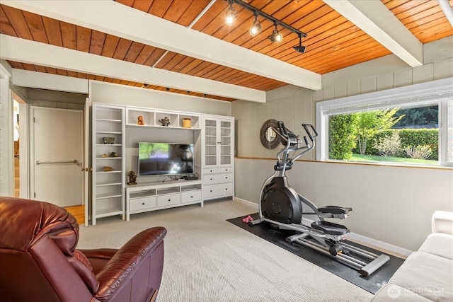 carpeted living area featuring track lighting, baseboards, and wooden ceiling