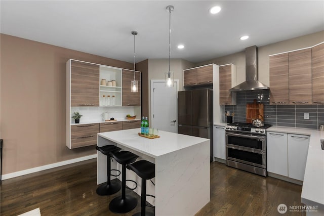 11508 SE 83rd St, Newcastle, WA 98056 - kitchen featuring open shelves, dark wood-type flooring, modern cabinets, wall chimney range hood, and appliances with stainless steel finishes