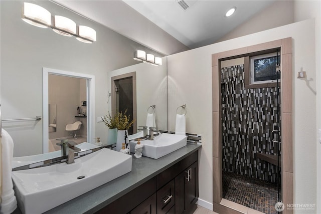 11508 SE 83rd St, Newcastle, WA 98056 - full bath with double vanity, a stall shower, lofted ceiling, and a sink