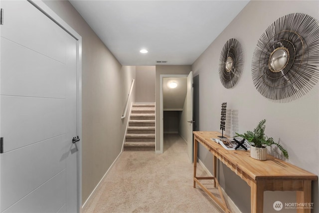 11508 SE 83rd St, Newcastle, WA 98056 - hall featuring baseboards, light carpet, recessed lighting, and stairway