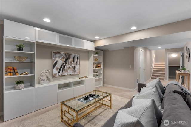 11508 SE 83rd St, Newcastle, WA 98056 - living room featuring baseboards, light carpet, recessed lighting, and stairway