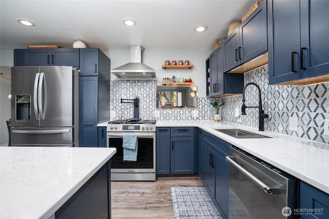 1705 36th St, Anacortes, WA 98221 - kitchen with wall chimney exhaust hood, stainless steel appliances, a sink, blue cabinets, and light stone counters
