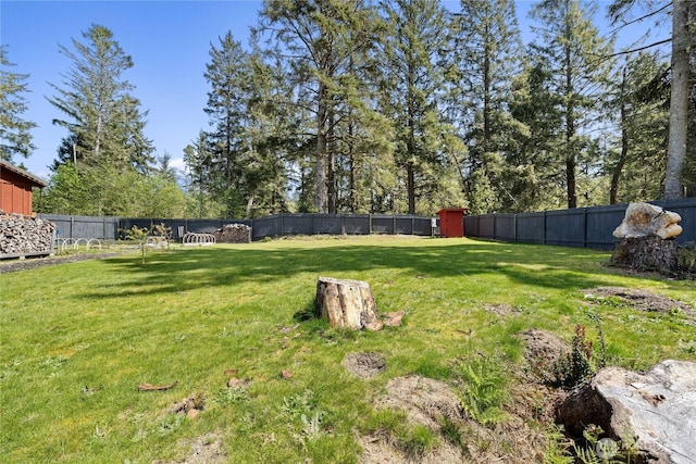 view of yard with a fenced backyard, an outbuilding, and a storage shed