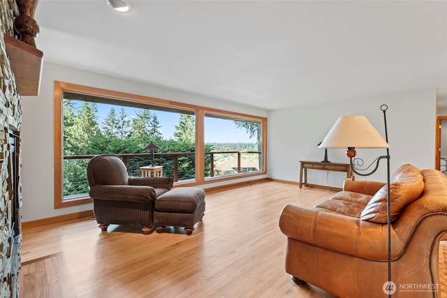 12105 SE 23rd St, Bellevue, WA 98005 - living room with baseboards, light wood finished floors, and a stone fireplace