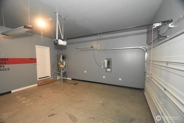 garage with baseboards, a garage door opener, and secured water heater
