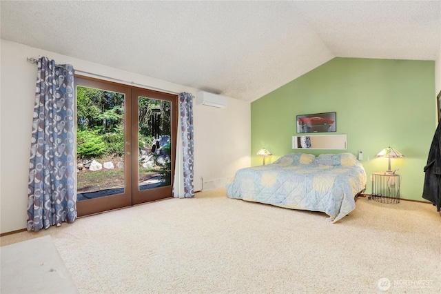 1614 Mckinnon Dr, Oak Harbor, WA 98277 - carpeted bedroom with french doors, a wall mounted AC, access to exterior, lofted ceiling, and baseboards