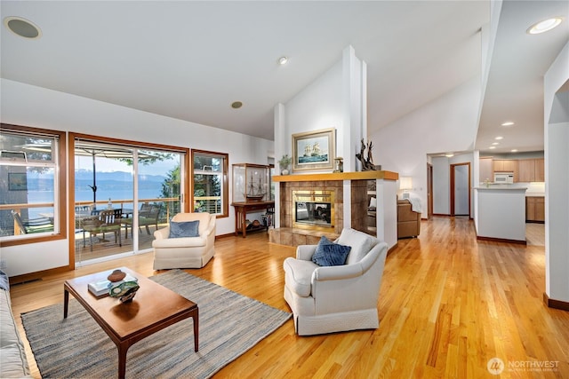 living area with baseboards, high vaulted ceiling, light wood-style flooring, and a fireplace