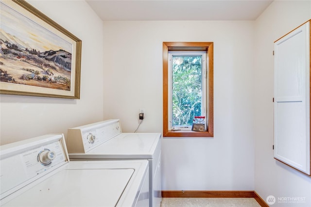 laundry room featuring laundry area, washing machine and dryer, and baseboards