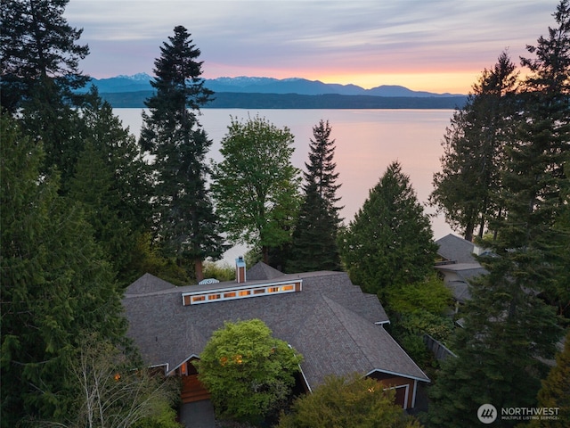 bird's eye view featuring a water and mountain view