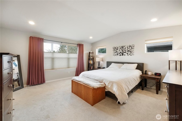 bedroom featuring baseboards, recessed lighting, lofted ceiling, and light carpet