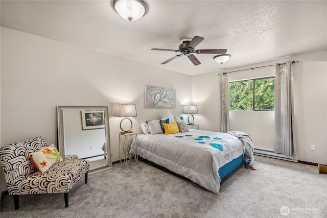 4715 NE Thunder Ln, Poulsbo, WA 98370 - bedroom featuring carpet floors, a baseboard heating unit, a textured ceiling, and ceiling fan
