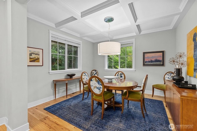 dining space featuring wood finished floors, baseboards, beamed ceiling, ornamental molding, and coffered ceiling