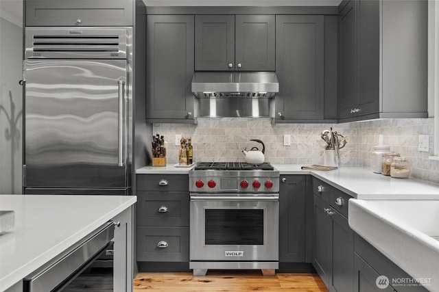 kitchen with under cabinet range hood, premium appliances, decorative backsplash, and light countertops