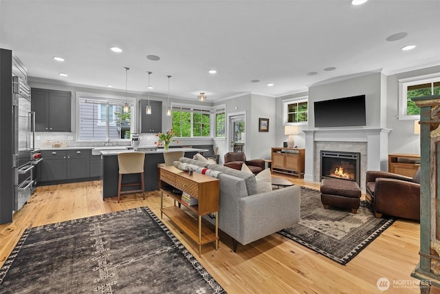 living area featuring a warm lit fireplace, ornamental molding, light wood finished floors, and plenty of natural light