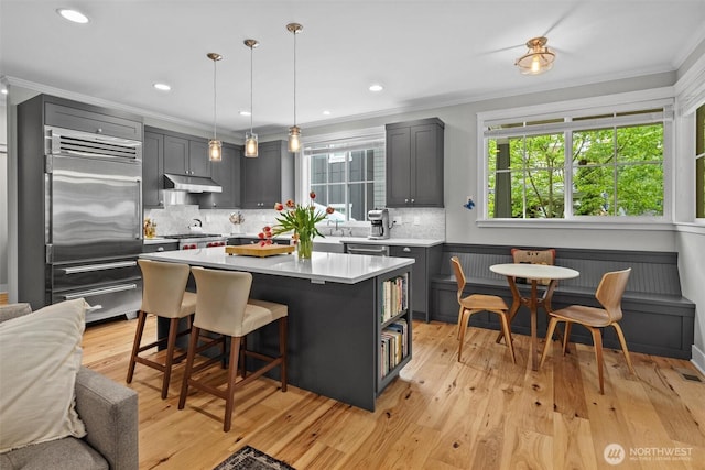 kitchen with crown molding, light countertops, under cabinet range hood, backsplash, and stainless steel appliances