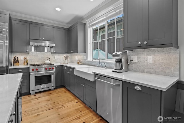 kitchen with appliances with stainless steel finishes, a sink, light wood finished floors, under cabinet range hood, and ornamental molding