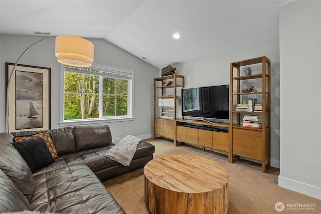 living area with light colored carpet, visible vents, recessed lighting, baseboards, and vaulted ceiling