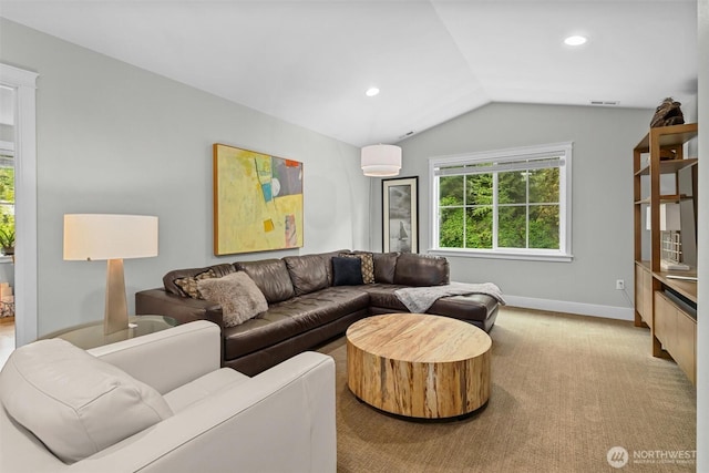 carpeted living area featuring baseboards, vaulted ceiling, recessed lighting, and visible vents