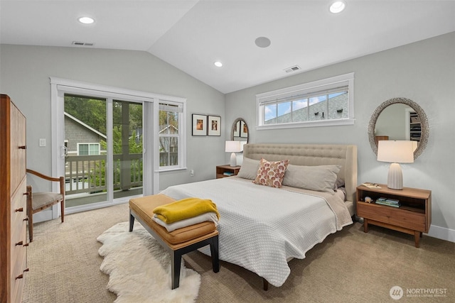 bedroom with visible vents, carpet, vaulted ceiling, and access to exterior