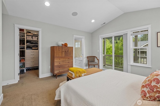 bedroom with visible vents, carpet floors, access to outside, a spacious closet, and vaulted ceiling