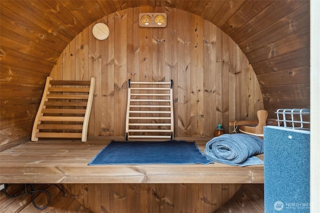 view of sauna with hardwood / wood-style floors