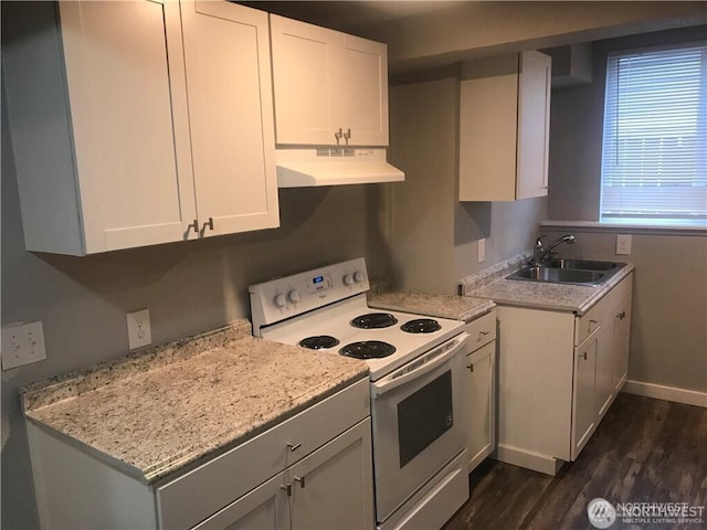 1309 Poindexter Ave Unit A-B, Bremerton, WA 98312 - kitchen featuring white range with electric cooktop, under cabinet range hood, a sink, dark wood-style floors, and white cabinetry
