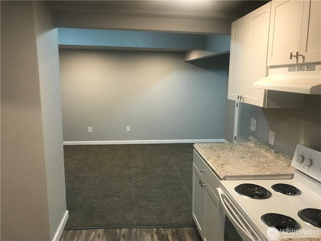 1309 Poindexter Ave Unit A-B, Bremerton, WA 98312 - kitchen featuring white range with electric cooktop, under cabinet range hood, light countertops, baseboards, and white cabinetry