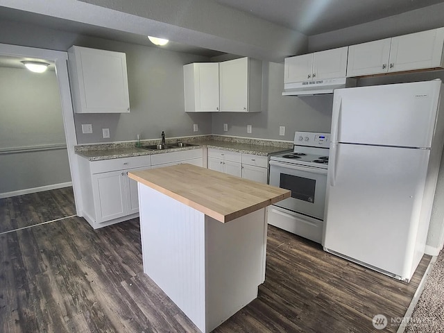 1309 Poindexter Ave Unit A-B, Bremerton, WA 98312 - kitchen featuring white appliances, wood counters, dark wood finished floors, and white cabinets