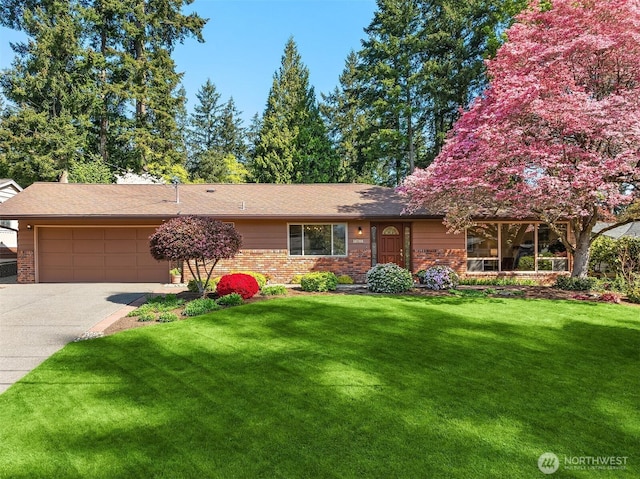 ranch-style house with an attached garage, a front lawn, driveway, and brick siding
