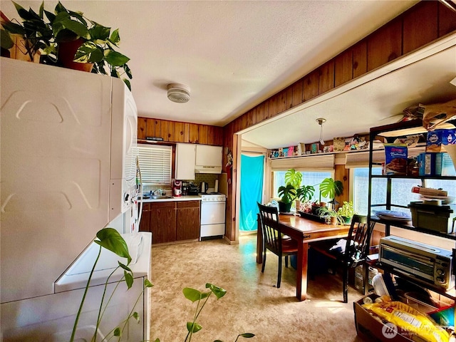 kitchen featuring refrigerator, under cabinet range hood, light countertops, a sink, and white gas stove
